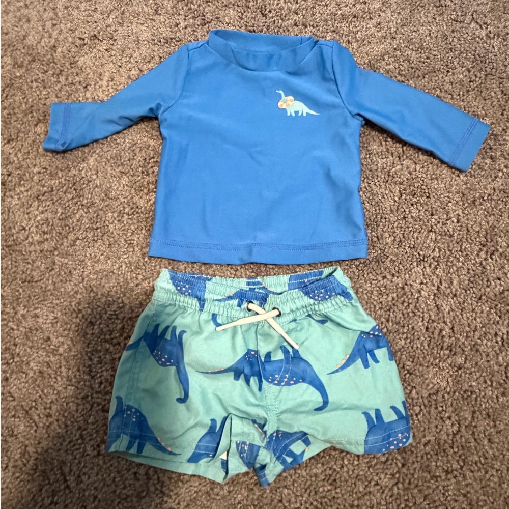 Blue Dinosaur Baby swim trunks and rash gaurd